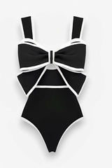 Bowknot Slim Polka Dots Beach swimsuit - Black One-Piece / S