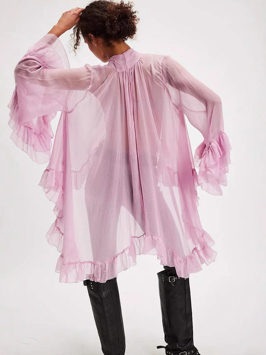 Sheer Pink Bow-Tie Ruffle Blouse - Side View