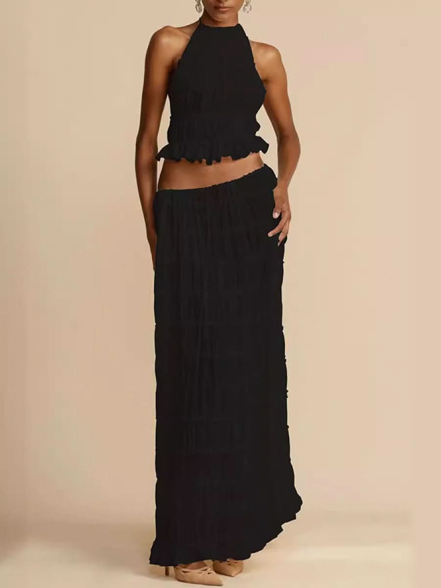 Isla Breeze Two-Piece Set with high-neck crop top and flowy maxi skirt in textured crinkle fabric, perfect for summer and beach outings.
