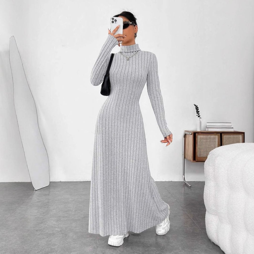 Ribbed Mock Neck Long Sleeve Maxi Dress in light gray – view 6