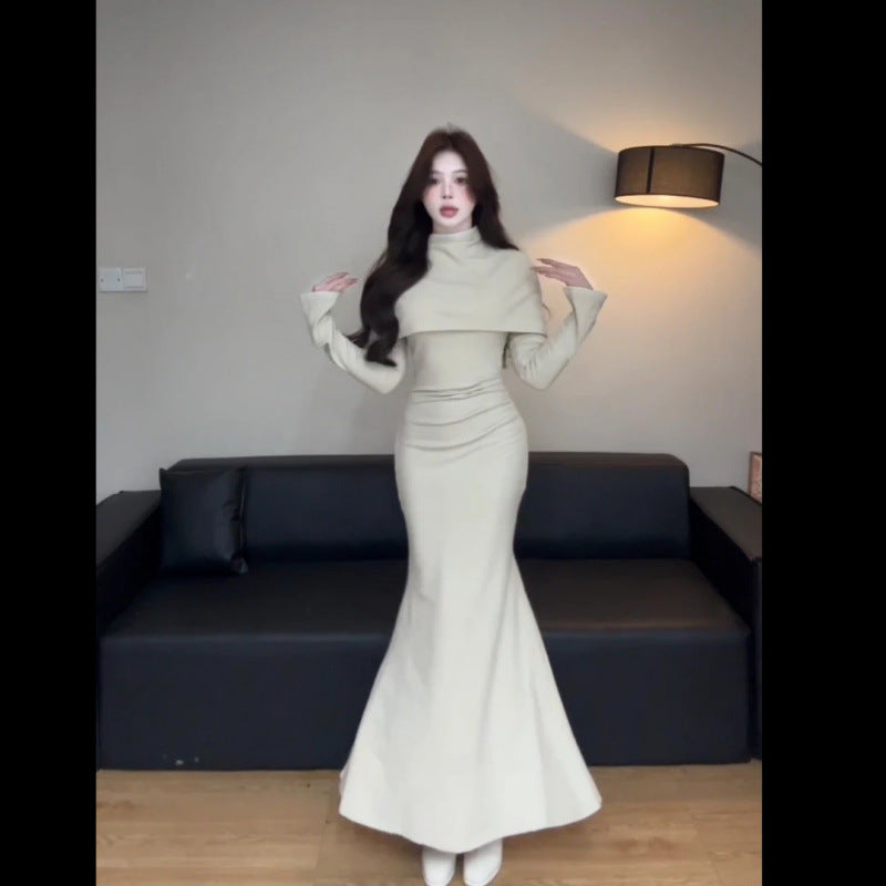 Cape Sleeve Bodycon Mermaid Maxi Dress in apricot – view 2