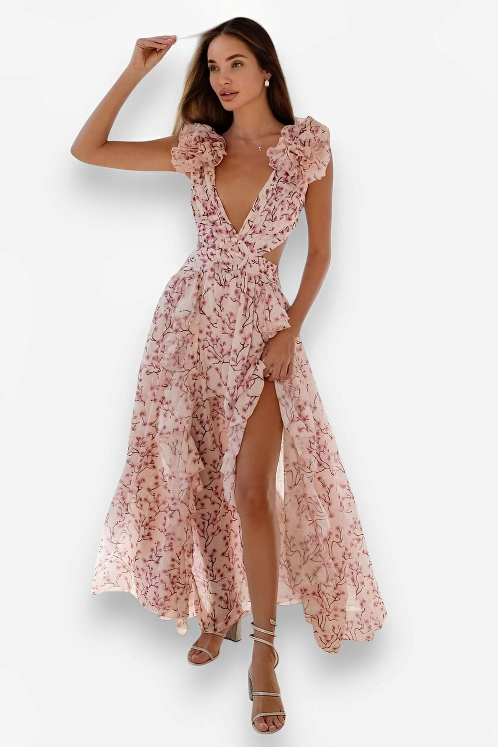 Deep V Ruffled Floral Midi Dress - Dress from The Woman Concept