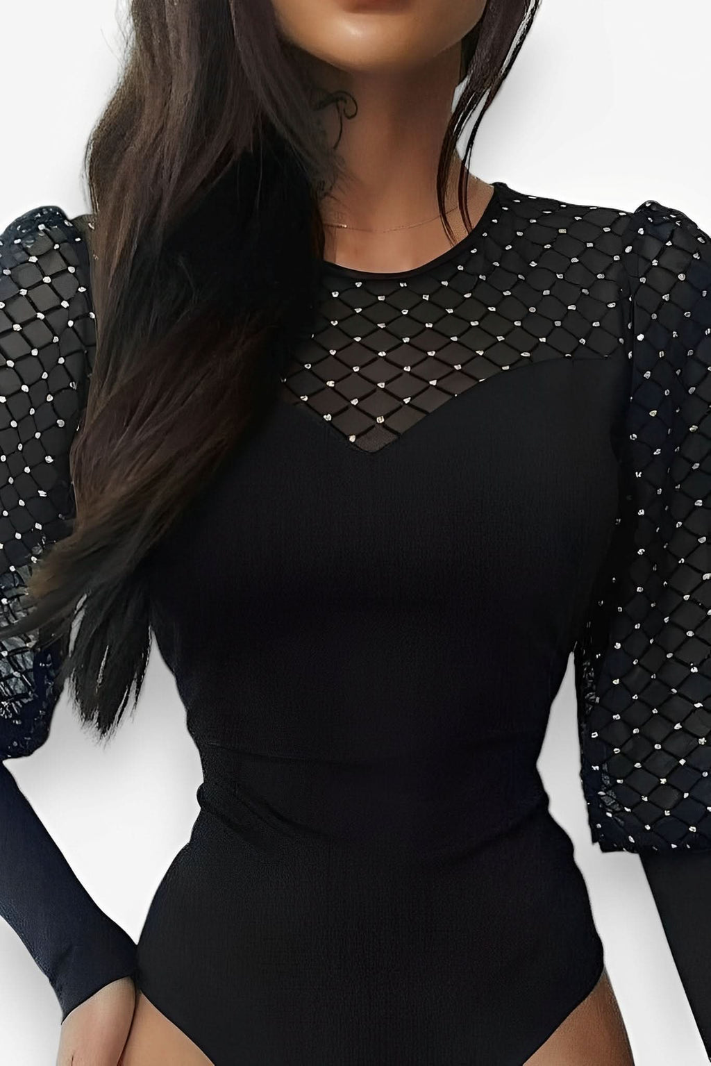 Mesh stitching round neck long-sleeved bodysuits - tops from The Woman Concept