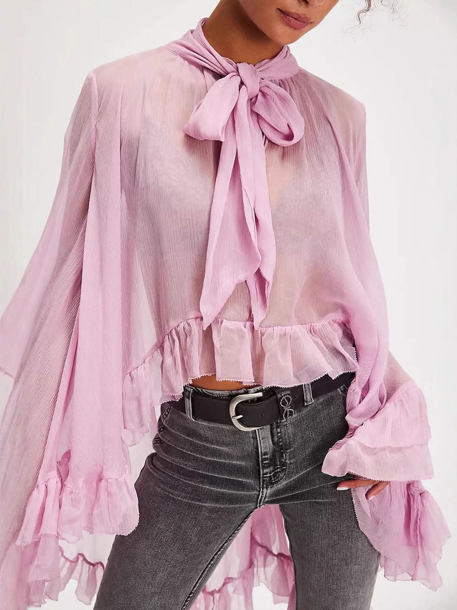 Sheer Pink Bow-Tie Ruffle Blouse - Front View