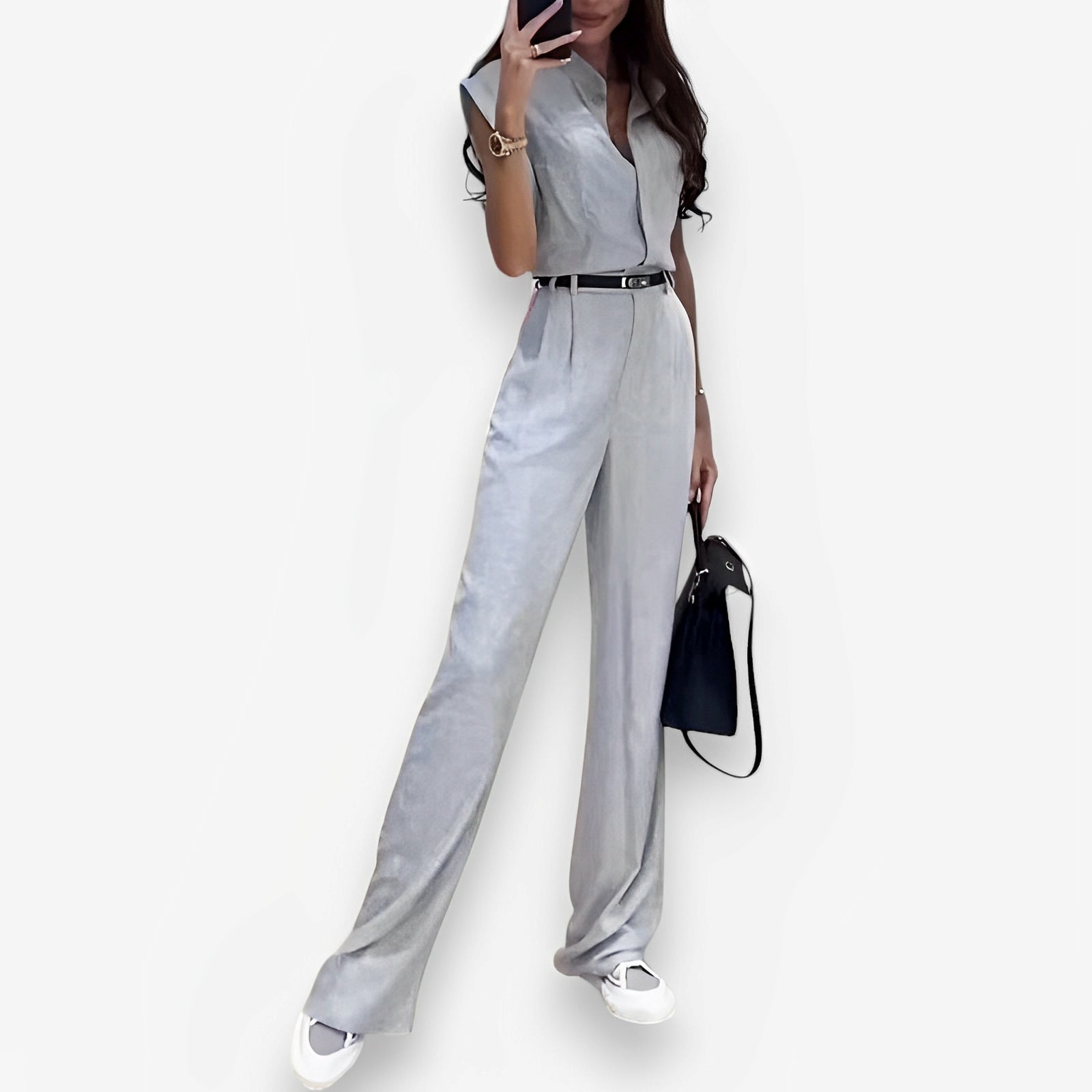 Simple sleeveless lapel belt suit