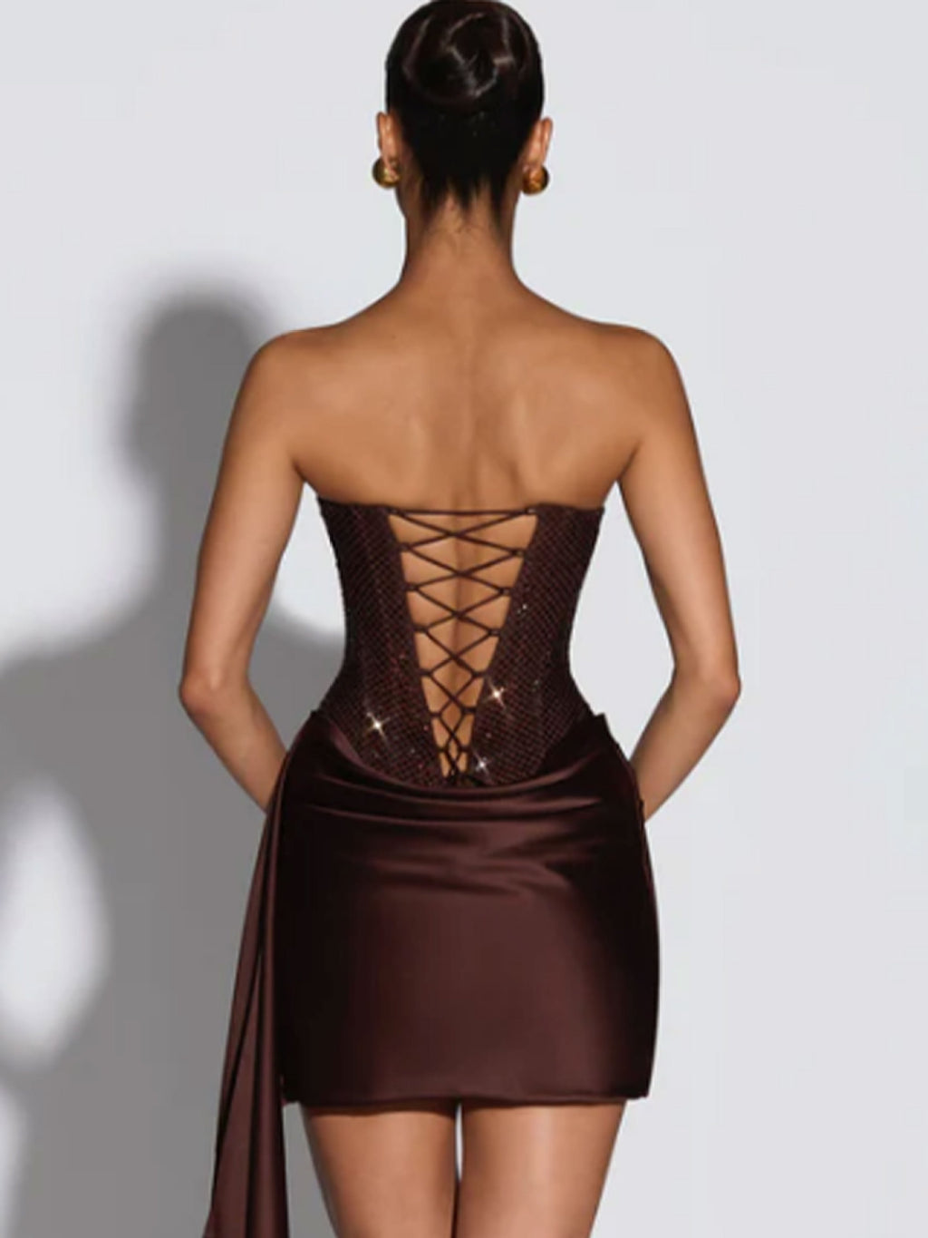 Rhinestone Corset Satin Draped Mini Dress in brown – view 4
