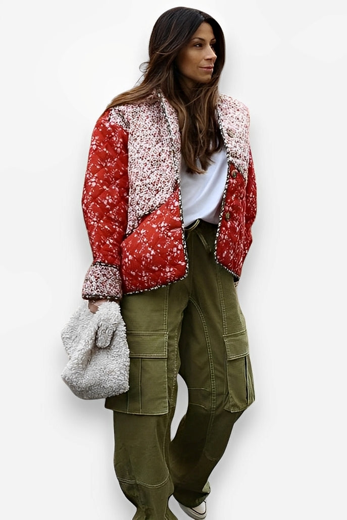 Red Floral Cotton Padded Short Coat