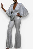 Sequined sexy deep V backless jumpsuit