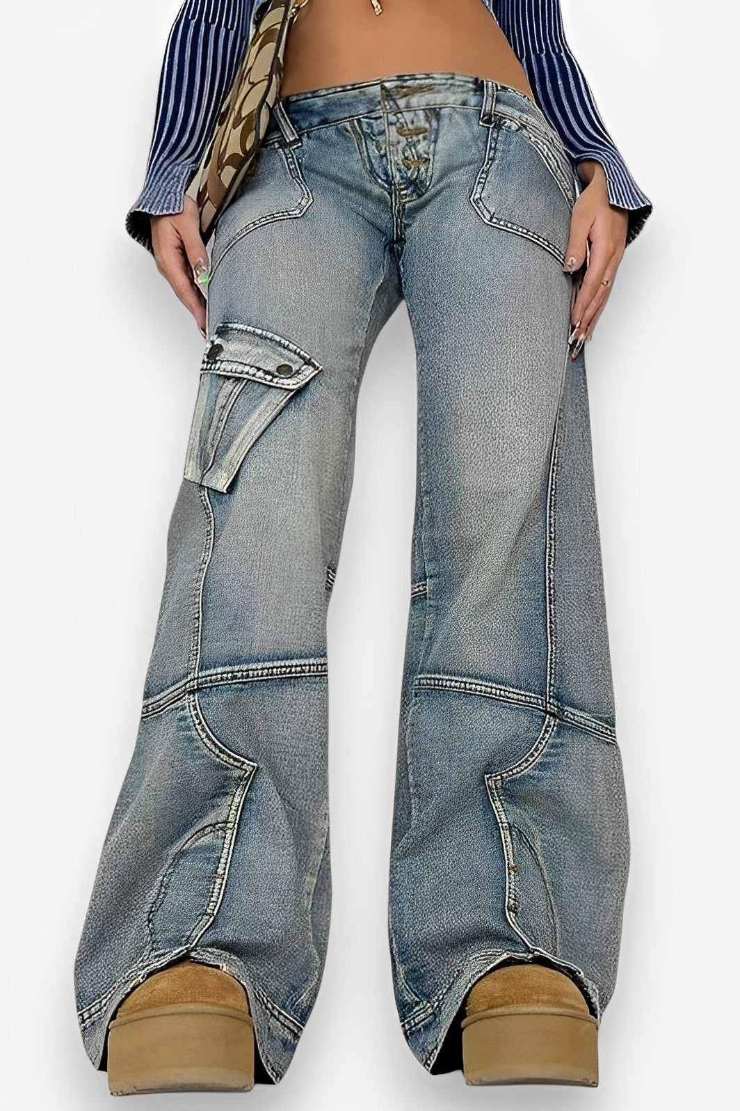 Washed Gradient Pocket Splicing Straight Jeans