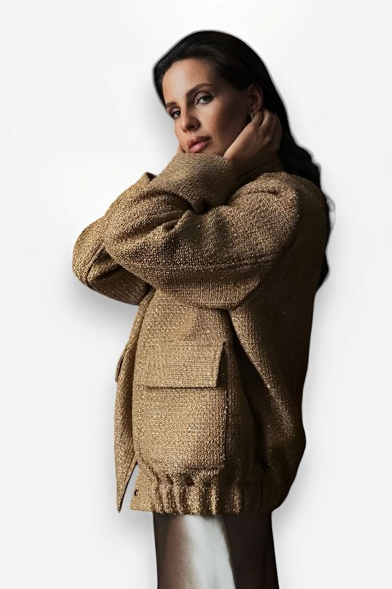 Stand-up Collar Loose Pocket Sequin Jacket - Jacket from The Woman Concept