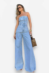 Splicing Tube Top Denim Jumpsuit - Blue / S