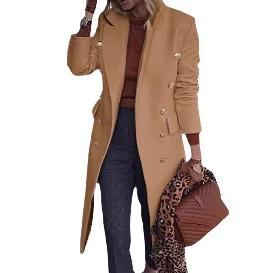 Double-Breasted Longline Wool-Look Coat in khaki – view 4