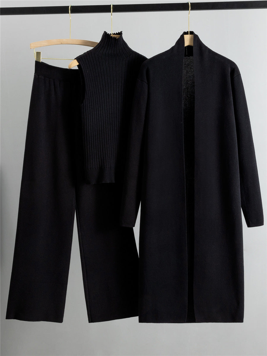Three-Piece Knit Set with Long Cardigan in black – view 2