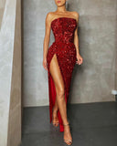 Sequin Strapless High Slit Maxi Gown in burgundy – view 4
