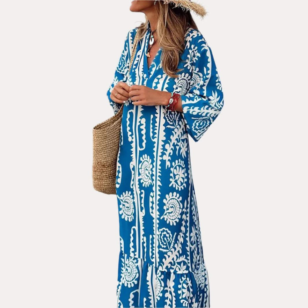 V-Neck Bohemian Long Dress - Front View