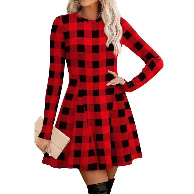 Plaid Knit Long Sleeve A-Line Dress in red plaid