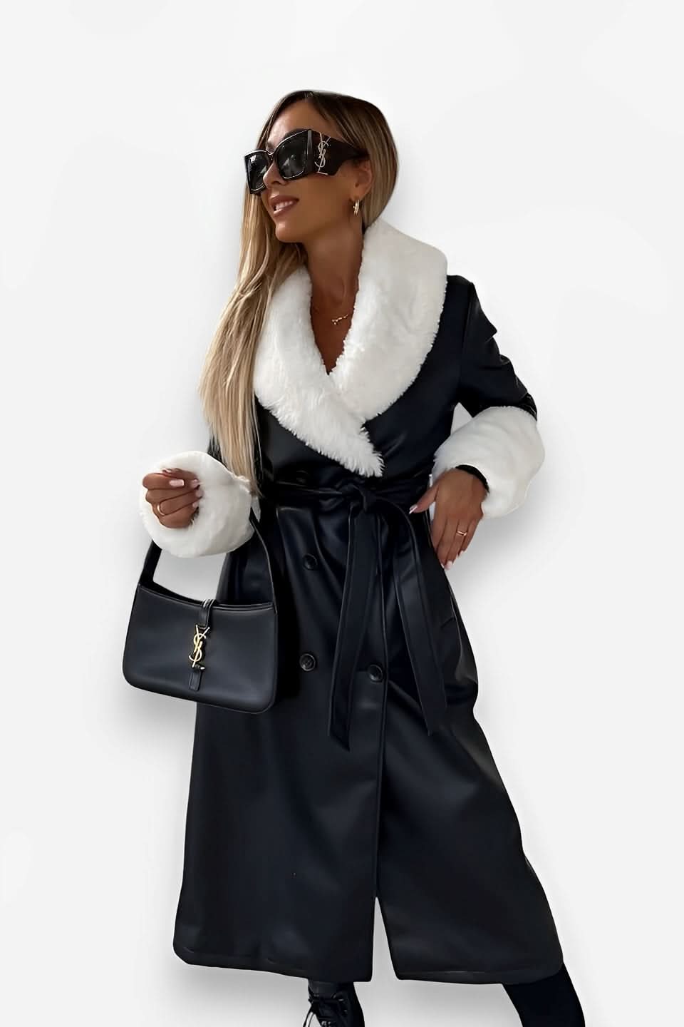 Fur Collar PU Leather long coat - suit from The Woman Concept