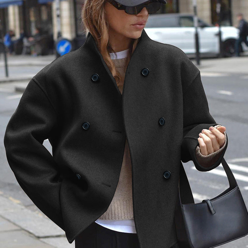 Double-Breasted Cropped Wool-Look Jacket in black – view 2