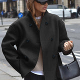 Double-Breasted Cropped Wool-Look Jacket in black – view 2