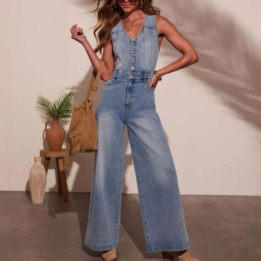 Woman wearing light-wash Denim Dream Jumpsuit with V-neck and wide-leg silhouette, styled with a fringe bag and casual sandals.