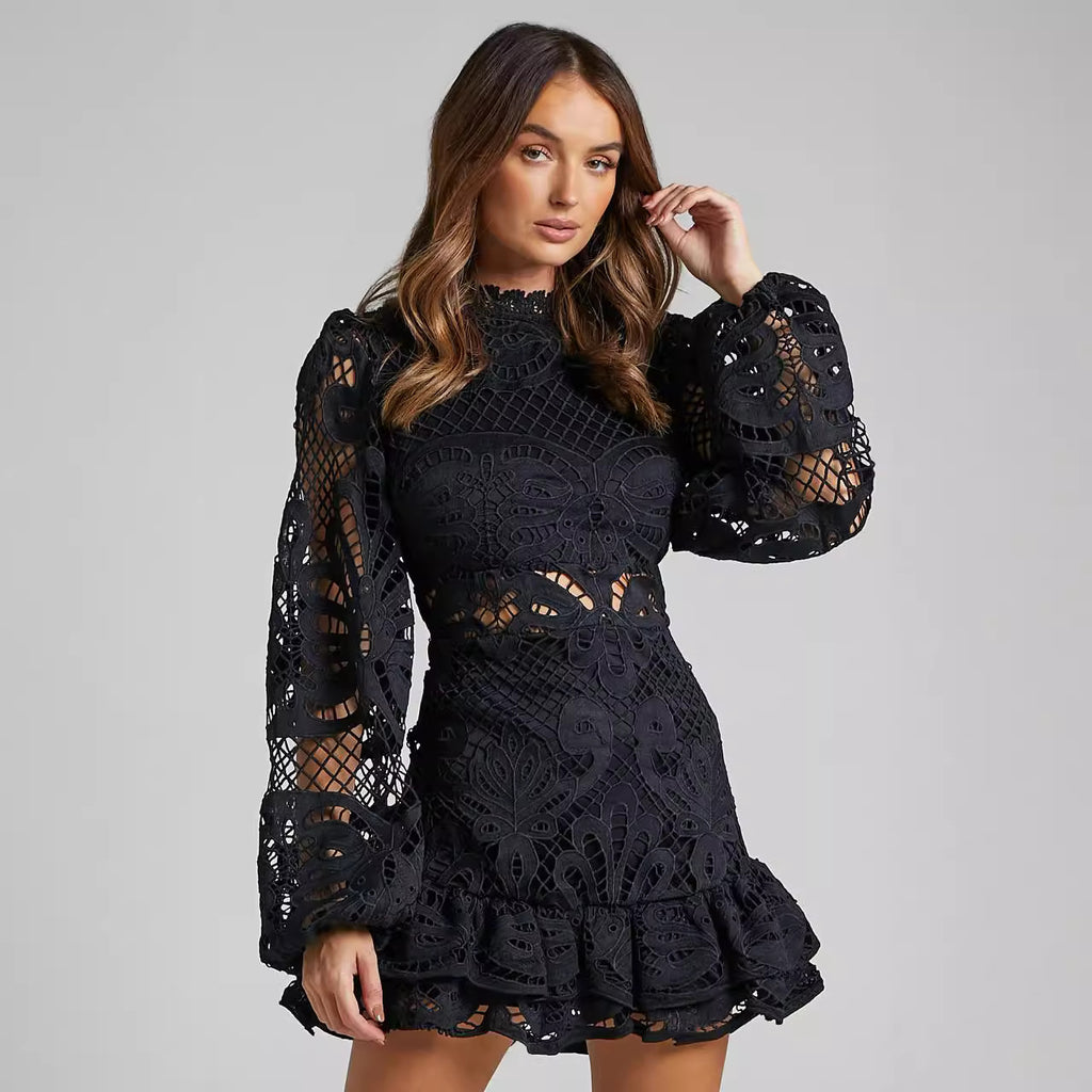 Lace Lantern Sleeve Ruffle Mini Dress in black – view 3