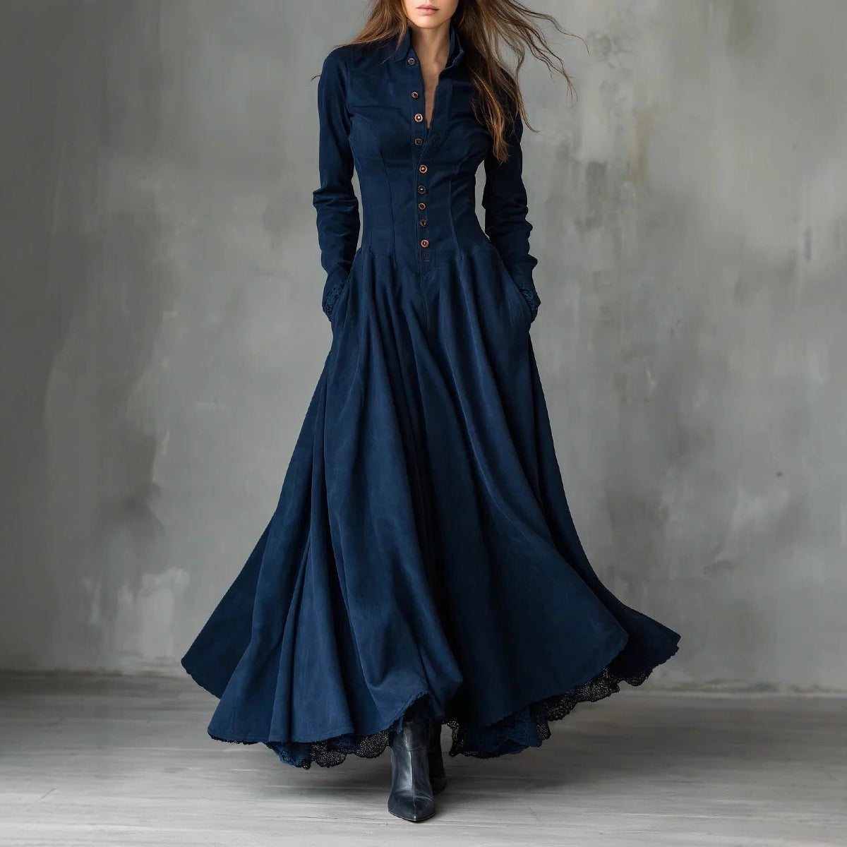 Faux Suede Lace Trim Button-Front Maxi Dress in navy