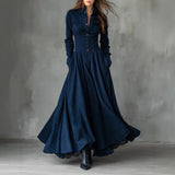 Faux Suede Lace Trim Button-Front Maxi Dress in navy