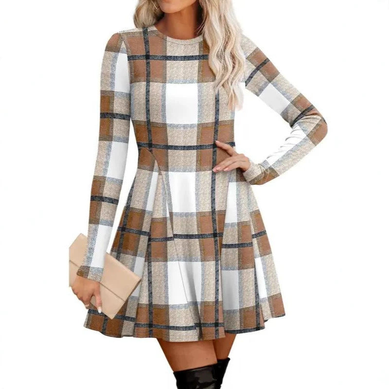 Plaid Knit Long Sleeve A-Line Dress in khaki plaid