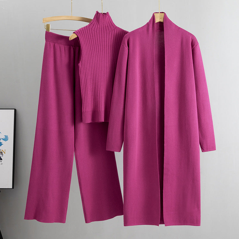Three-Piece Knit Set with Long Cardigan in rose red – view 8