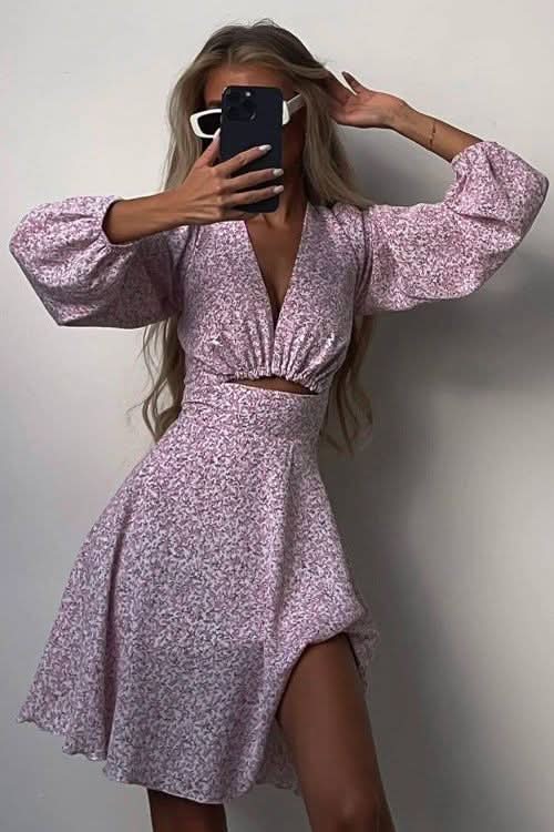 Long-Sleeved V-Neck pink Dress - view 4