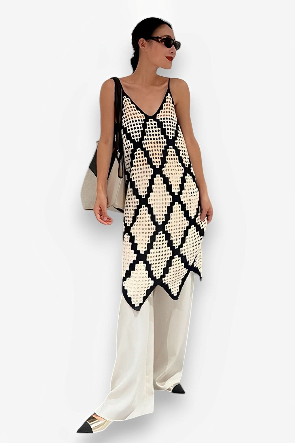 V-Neck Woven Hollow Diamond Lattice strappy Dress - Dresses from The Woman Concept
