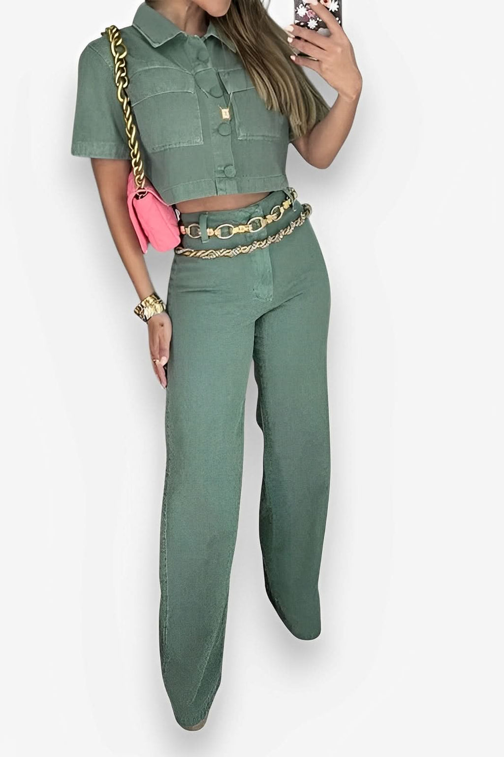 Short Sleeve Lapel High Waist Loose Pant Suit - Pants from The Woman Concept