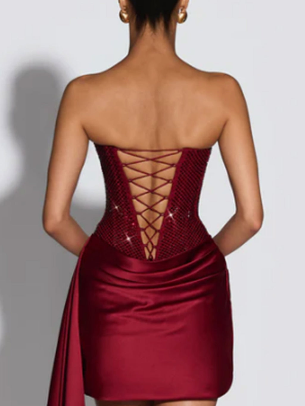 Rhinestone Corset Satin Draped Mini Dress in wine red – view 3