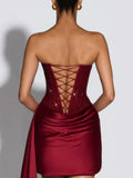 Rhinestone Corset Satin Draped Mini Dress in wine red – view 3