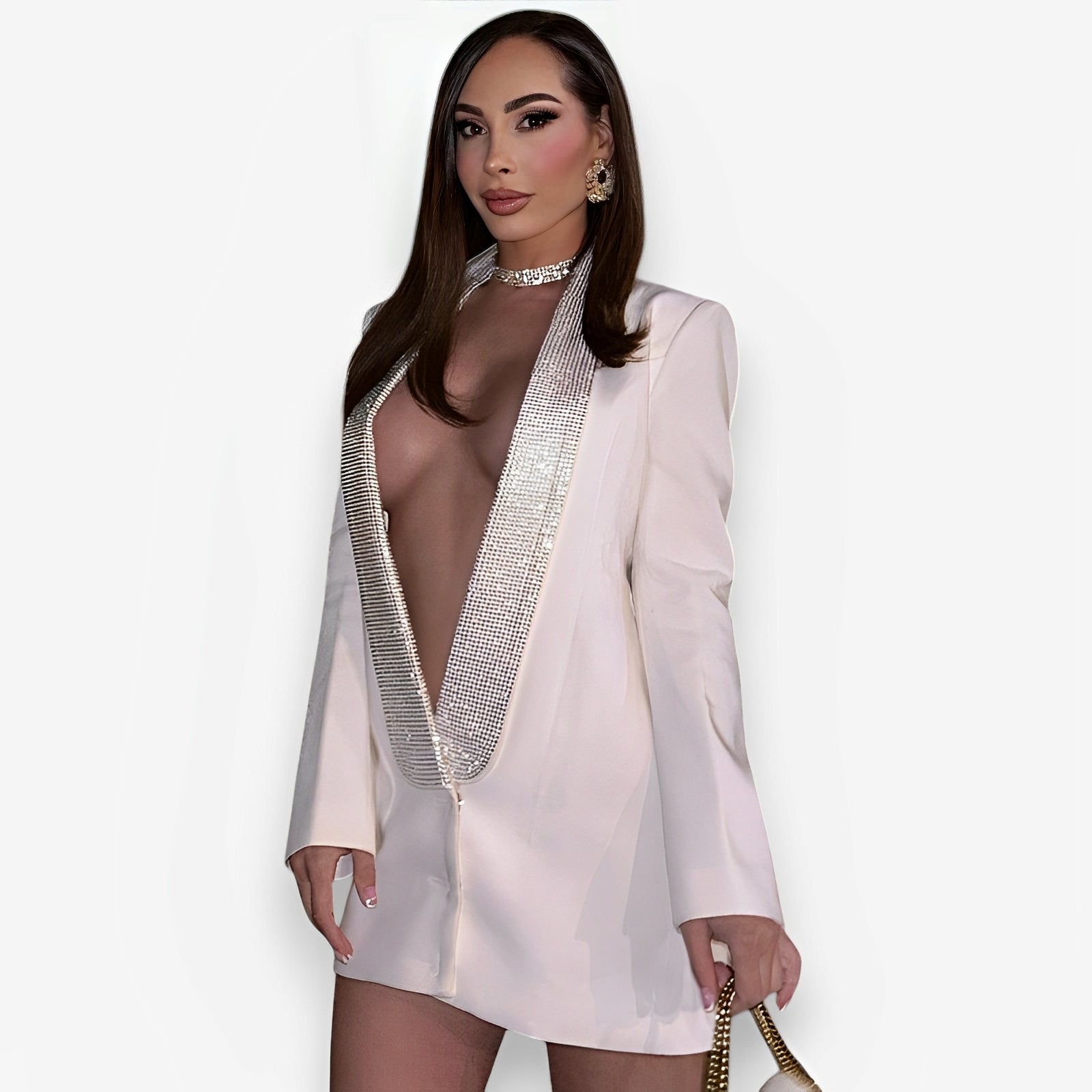 Sexy deep V-neck diamond backless jacket suit