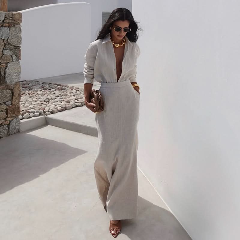 Beige Two-Piece Skirt Suit with Plunge Blouse - Front View