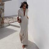 Beige Two-Piece Skirt Suit with Plunge Blouse