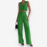 V-Neck Sleeveless Top Straight pants Suit