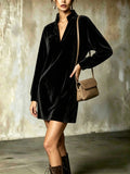 Velvet V-Neck Collared Shift Dress in black – view 2