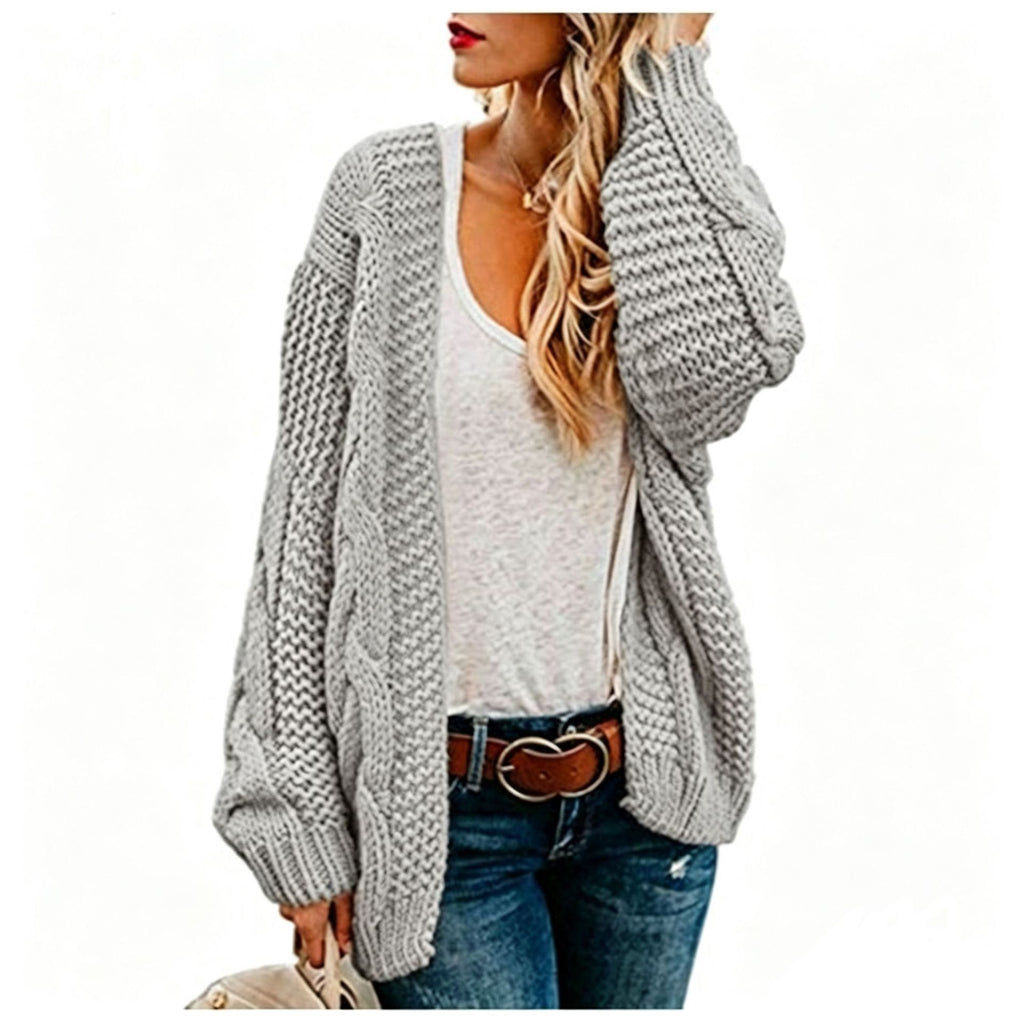 Chunky Cable Knit Open-Front Cardigan in gray