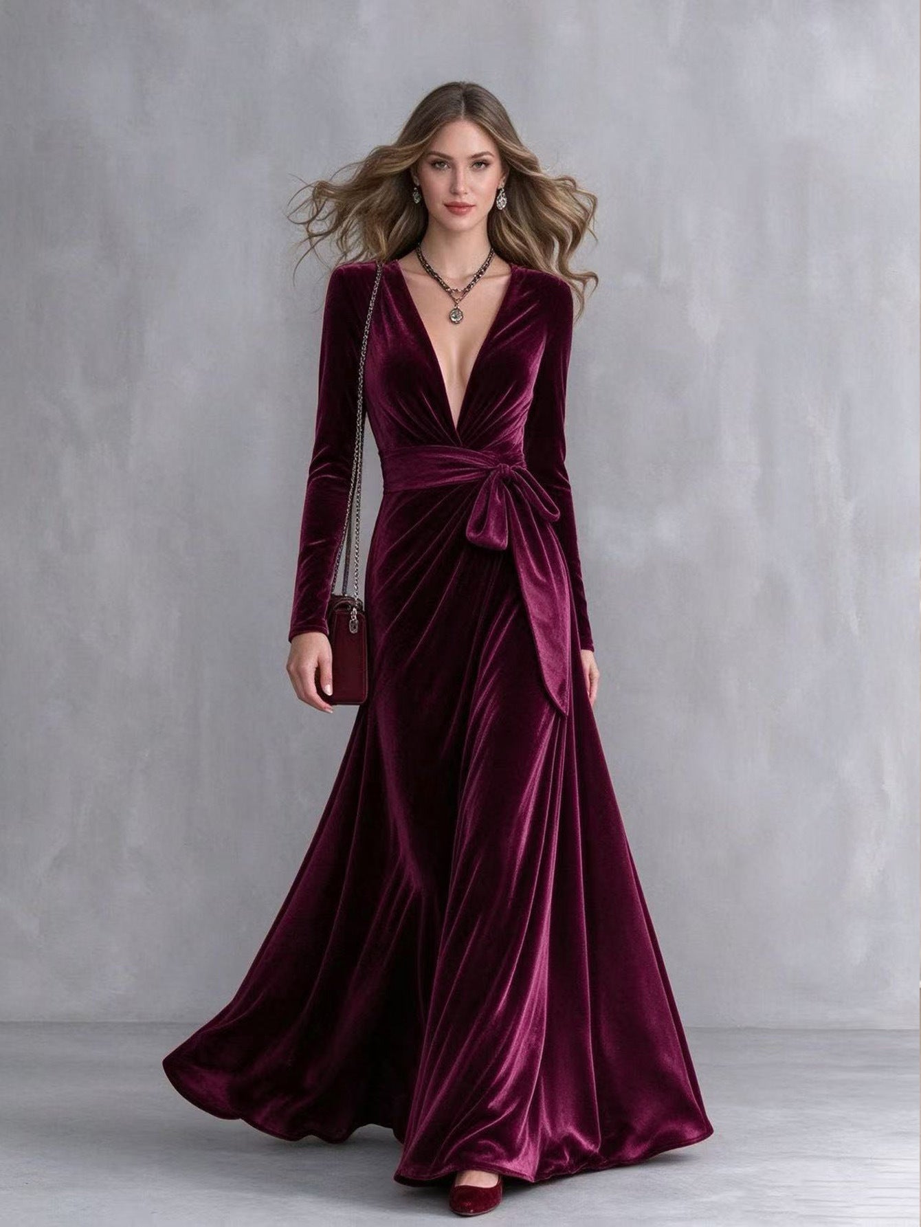 Velvet Long Sleeve V-Neck Maxi Dress in wine red