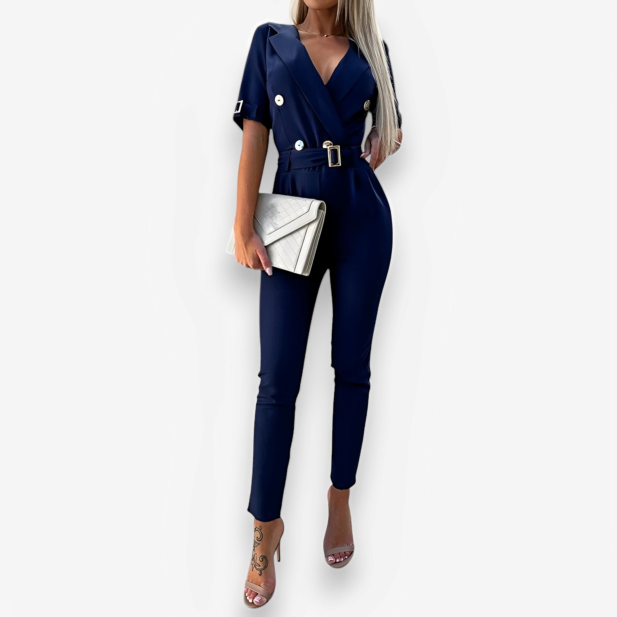 V Neck Belted Metal Suit