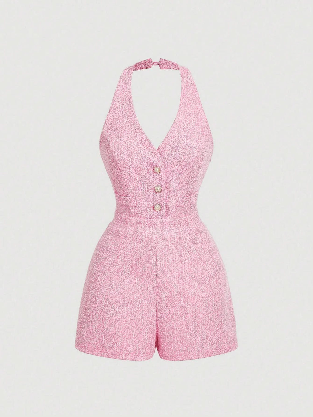 Halter Neck Buttoned Tweed Romper - Front View