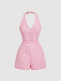 Halter Neck Buttoned Tweed Romper