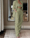 Sleek linen-blend two-piece with high-waisted cargo pants and matching blazer, ideal for day and night elegance.