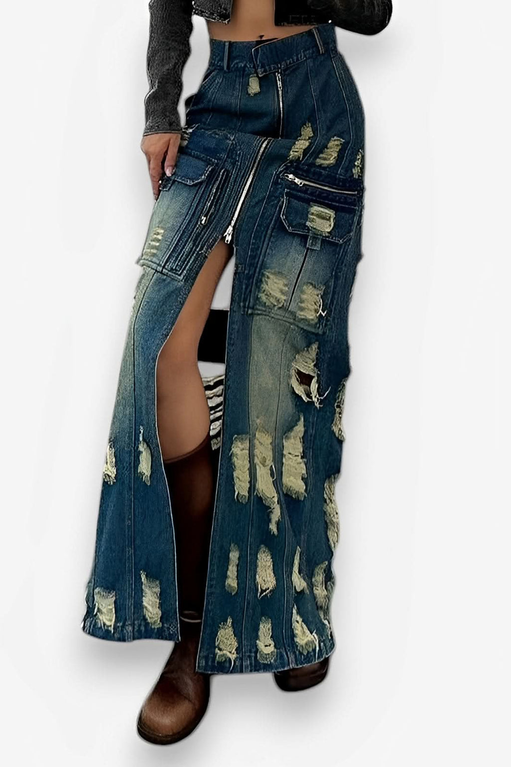 Frayed slim Denim long skirt