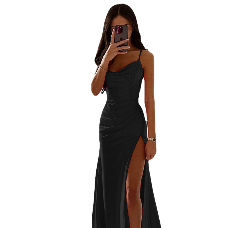 Satin Cowl Neck Ruched Slit Maxi Dress in black – view 6