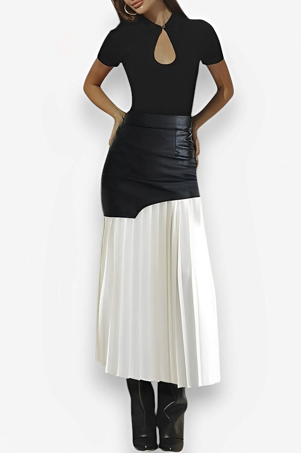 Pu leather stitching pleated skirt - Skirts from The Woman Concept
