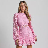 Lace Lantern Sleeve Ruffle Mini Dress in pink – view 2