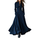 Faux Suede Lace Trim Button-Front Maxi Dress in navy – view 3